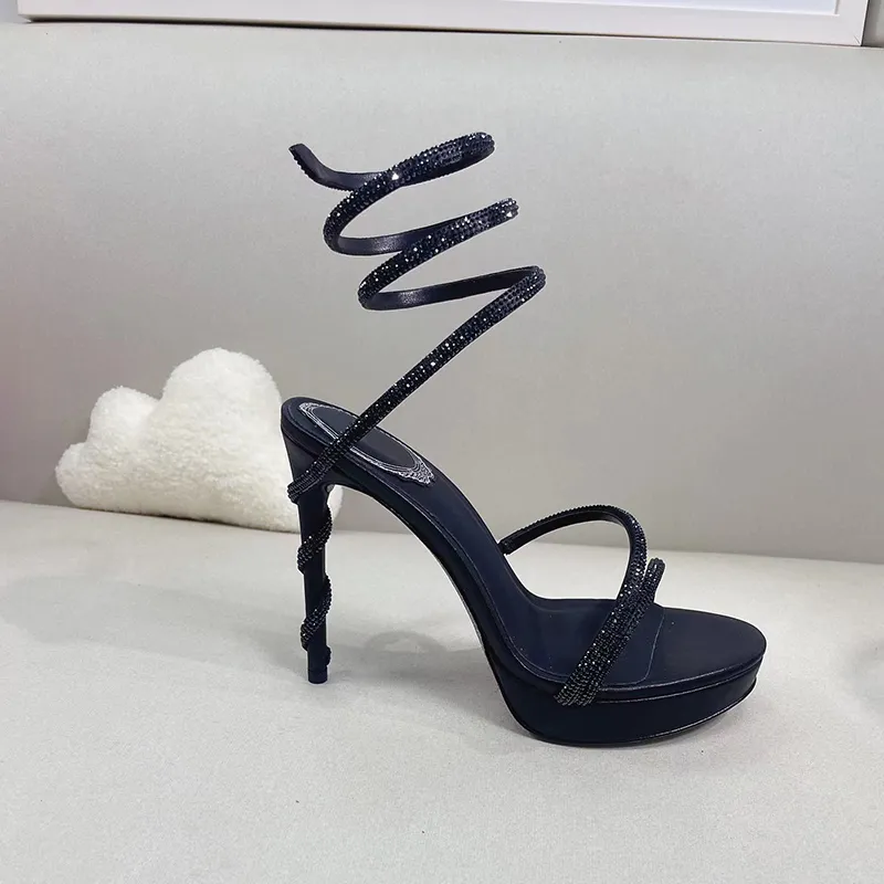 Strass 13 cm naaldhak sandalen vrouwen platform sandalen Super Hoge schoen Mode luxe designer kleding schoenen satijn slangvormige opgerolde party bruiloft