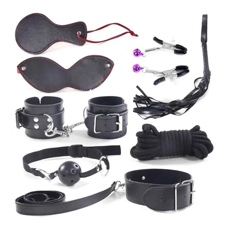 Schoonheidsartikelen a6hf 8pcs Erotische beperking set handboeien enkel bondage manchetten kraag blinddoek zweep koppels voorspel flirt bdsm sm sexy speelgoed