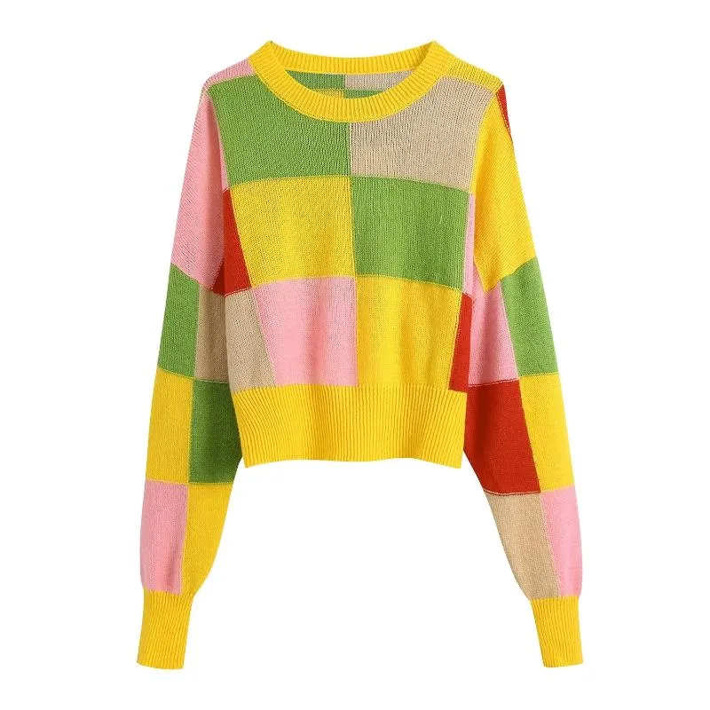 Women's Sweaters Casual Yellow Colorblock Autumn 2023 Arrival Warm Winter Long Sleeve Knitted Cute Girls Streetwear