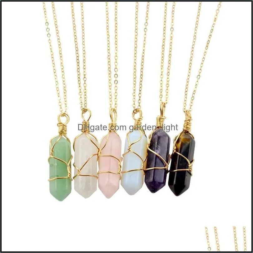 Pendentifs Colonne hexagonale enroulé fil de cuivre pour collier pierre naturelle cristal enroulement à la main couleur unie délicat pendentif collier 4 Dhqe4