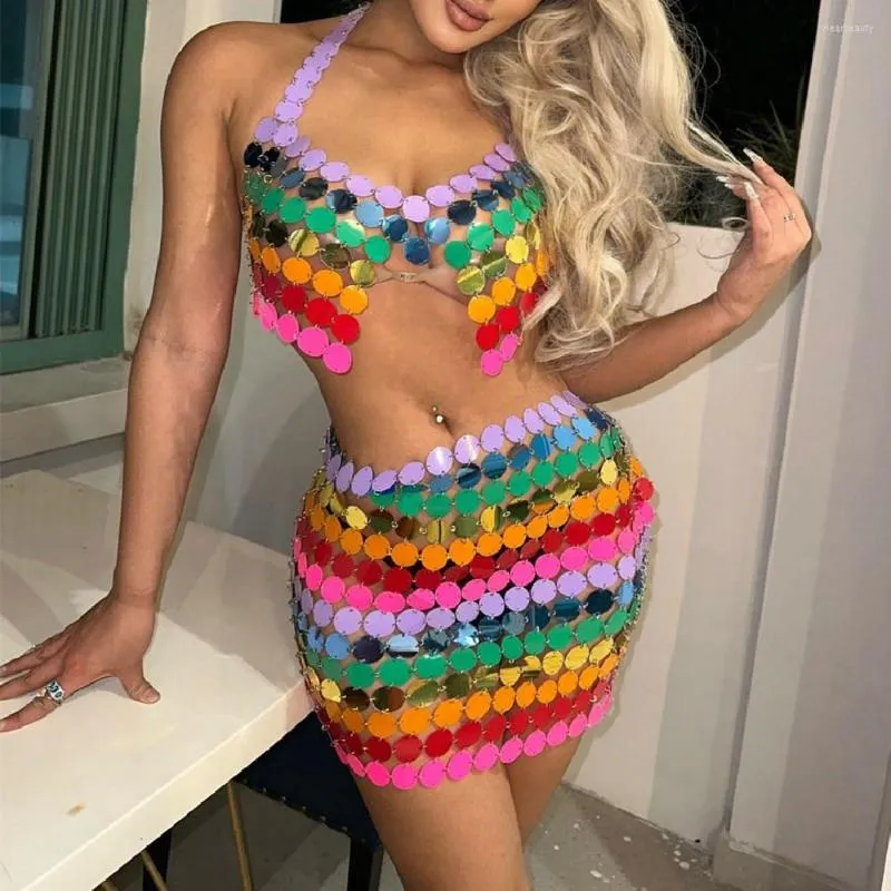 Women's Tanks Sexy See Through Colorful Sequin Crop Tops For Women 2023 Trendy Nightclub Party Top Sequined Skirt Y2k Dress