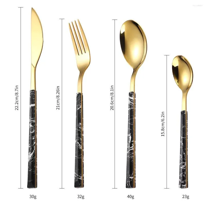 Dijkartikelen sets vergulde roestvrijstalen staal wit zwart stenen houtkorrel servies vierdelige set messenvork lepel