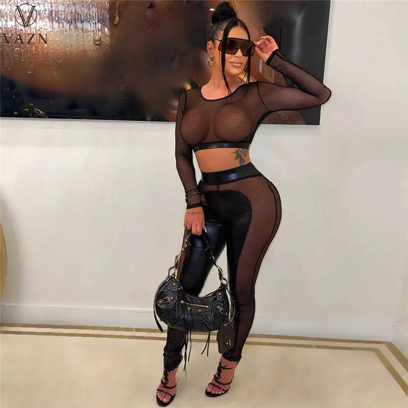 Zweiteiliges Kleid 2022 Neue Mode Dame Sexy Street Style 2 Stück Sets Langarm Rundhals Top Elastische Lange Hosen Reine Farbe Frauen Sets T230113