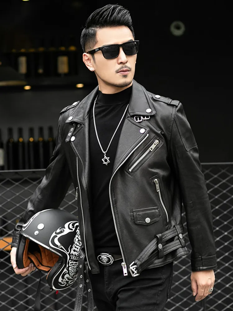 Men s Leather Faux Mauroicardi Spring Autumn Short Cool Black Biker Jacket Men Zipper Long Sleeve Belt Plus Size European Fashion 4xl 5xl 230112