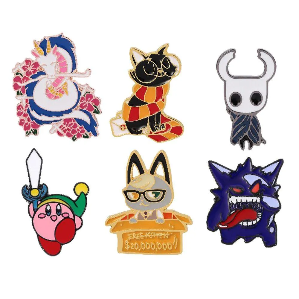 Pinos broches broches de animais banhados a ouro 6pcs/conjunto dragão gato alia pinos Hollow knight temático esmalte de metal parto de desenho animado entrega dhhjm