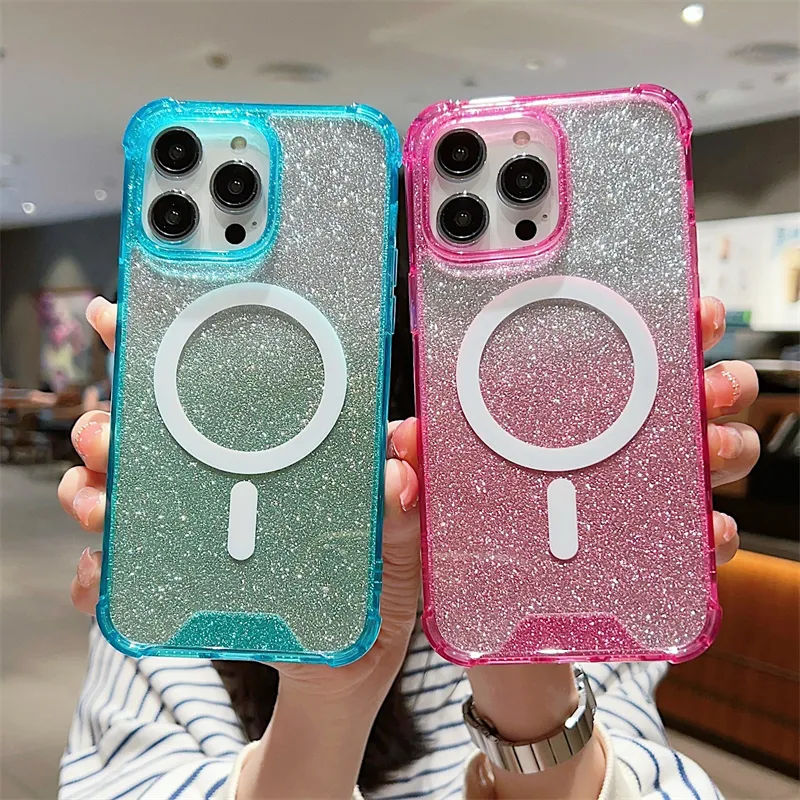 Gradiënt Glitter Draadloos Opladen Magnetisch Voor Magsafe Case Voor iPhone 15 14 13 12 11 Pro Plus Max Kussen acryl Bumper Cover