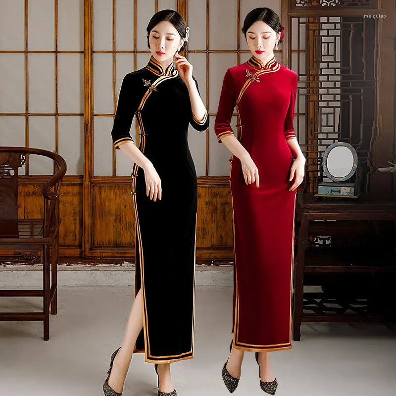 Vêtements ethniques Velours Cheongsams Femmes Robes Traditionnelles Chinoises Bouton Glissant Qipao Sexy Haute Split Cheongsam Toast Robe De Banquet Vestidos