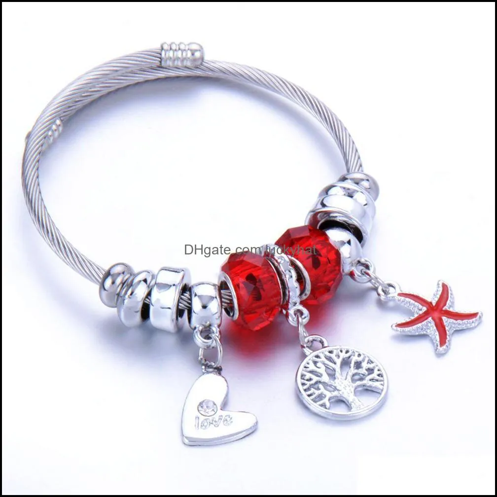 Braccialetto Braccialetti con ciondoli in cristallo di moda Braccialetti in acciaio inossidabile Coppia di fiori Amore Animale Ciondolo stella marina Bracciale regolabile Gioiello Ota1I