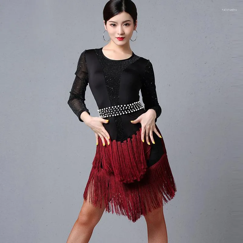 Stage Wear Ballroom Dance Competition Dresses Latin Practice For Woman Long Sleeve Sequin Tassel Charleston Dress DL4401