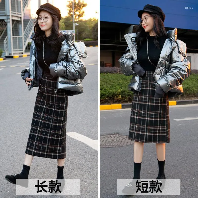 Saias tamanho da cintura alta da cintura Midi Longa saia xadrez de lã para mulheres inverno quente escritório elegante senhora vintage outono maxi