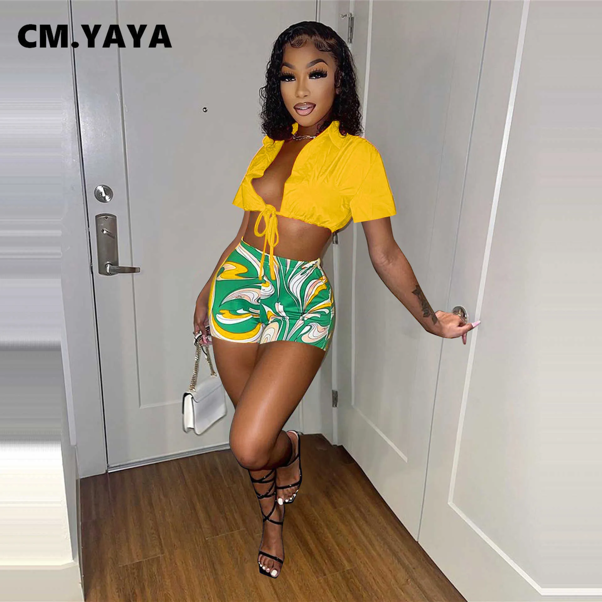 YAYA Workout Beach Mulheres Dois 2 Piece Set Outfit Sweatsuit 2022 Mini Camisa Top e Shorts Estampados Combinando Conjunto Street Tracksuit T230113