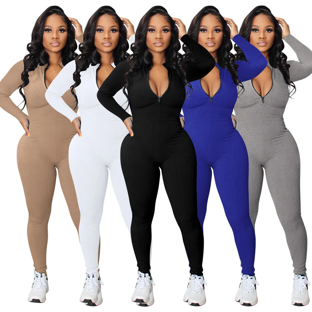 Macacões femininos de malha com nervuras outono inverno macacão bodycon de manga comprida macacões de zíper sólido macacões de peça única macacões skinny leggings streetwear casual 8409