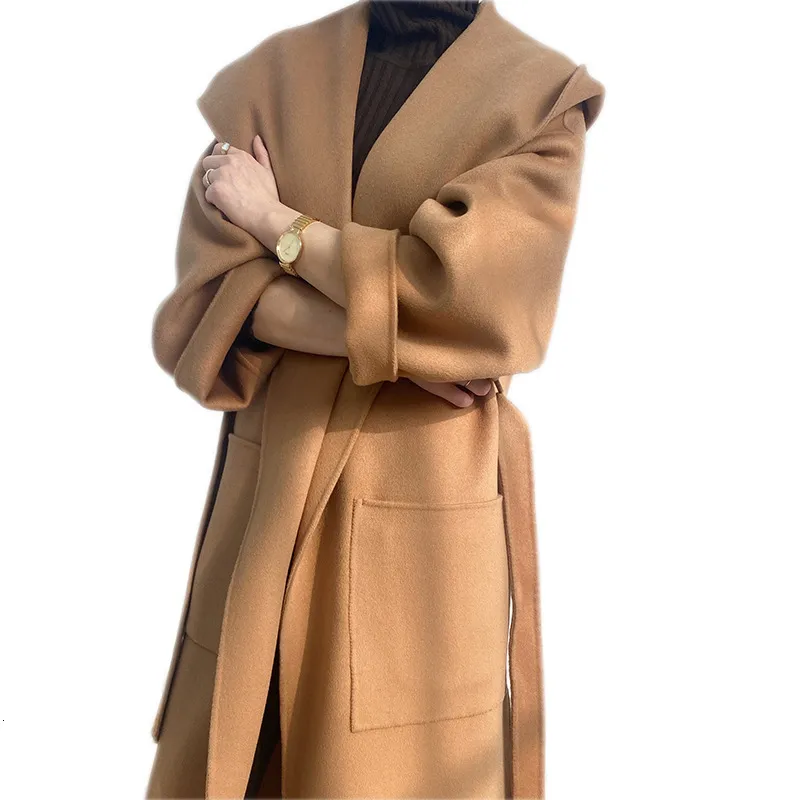 Women's Wool Blend En Hoodie Coat Winter High Grade Brand Big Wlash Down Collar Beautiful Hooded Overcoat With Belt Max 230112