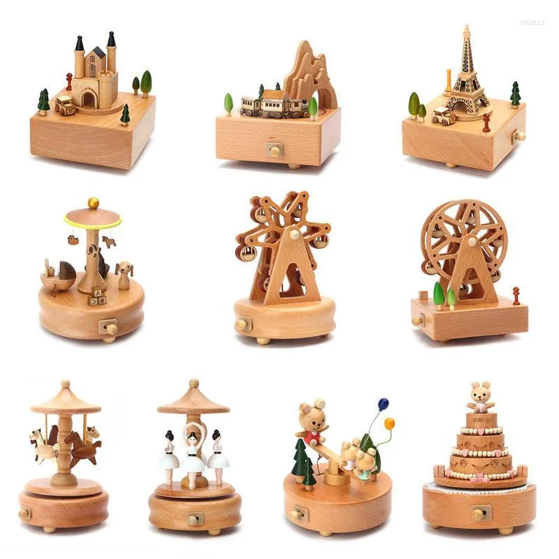 Decorative Figurines Creative Music Box Wooden Hand Cranked Ferris Wheel & Cake Shape Birthday Christmas Halloween Gifts