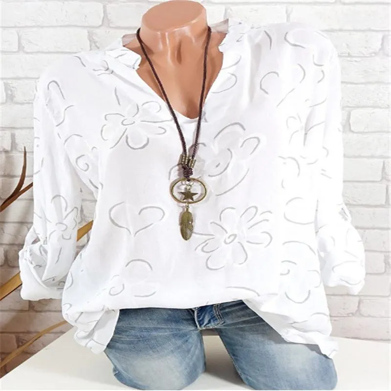 Blouses -shirts van dames 2xl plus grote maat zomer tops vrijetijdsblouse blouse witte losse bloemenprint v nek lange mouw blusas
