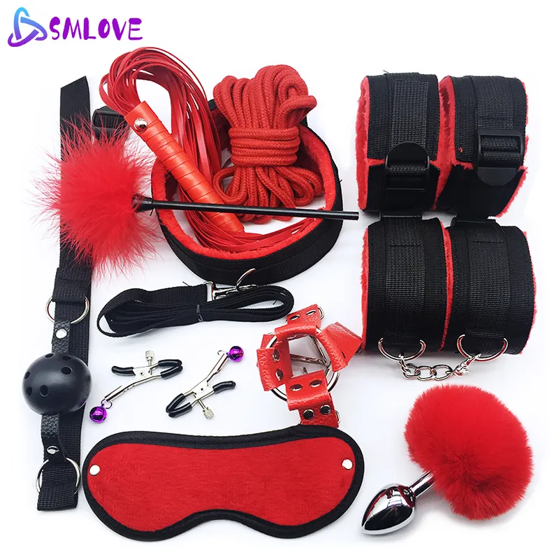 Bondage SMLOVE Sex Handcuffs Collar Whip Gag Nipple Clamps BDSM Rope Erotic Adult Toys For Woman Couples Anal Butt Plug Tail 230113