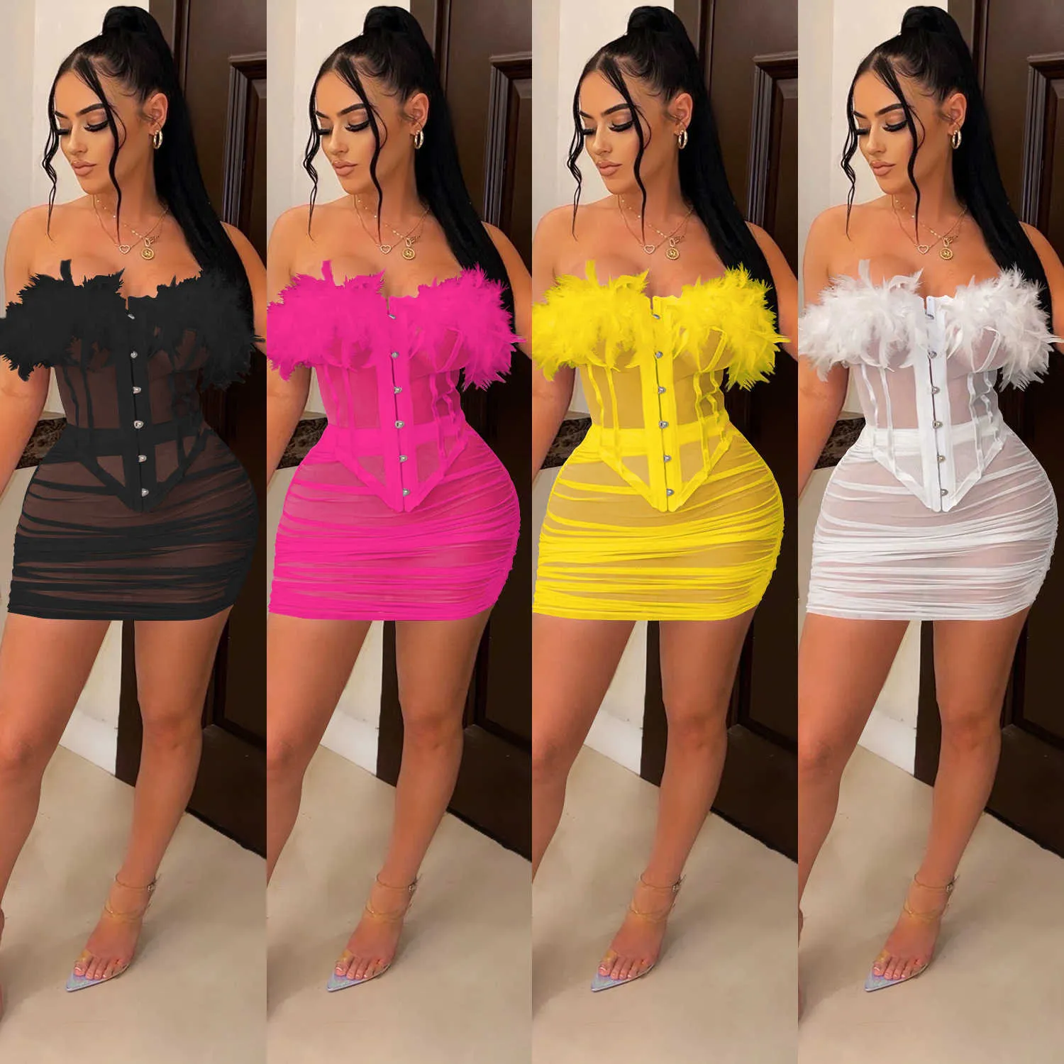 Two Piece Dress Echoine Feather Strapless Sheer Mesh Corset Tops and Mini Skirt Two Piece Set Outfits Summer Party Club Matching Set Streetwear T230113