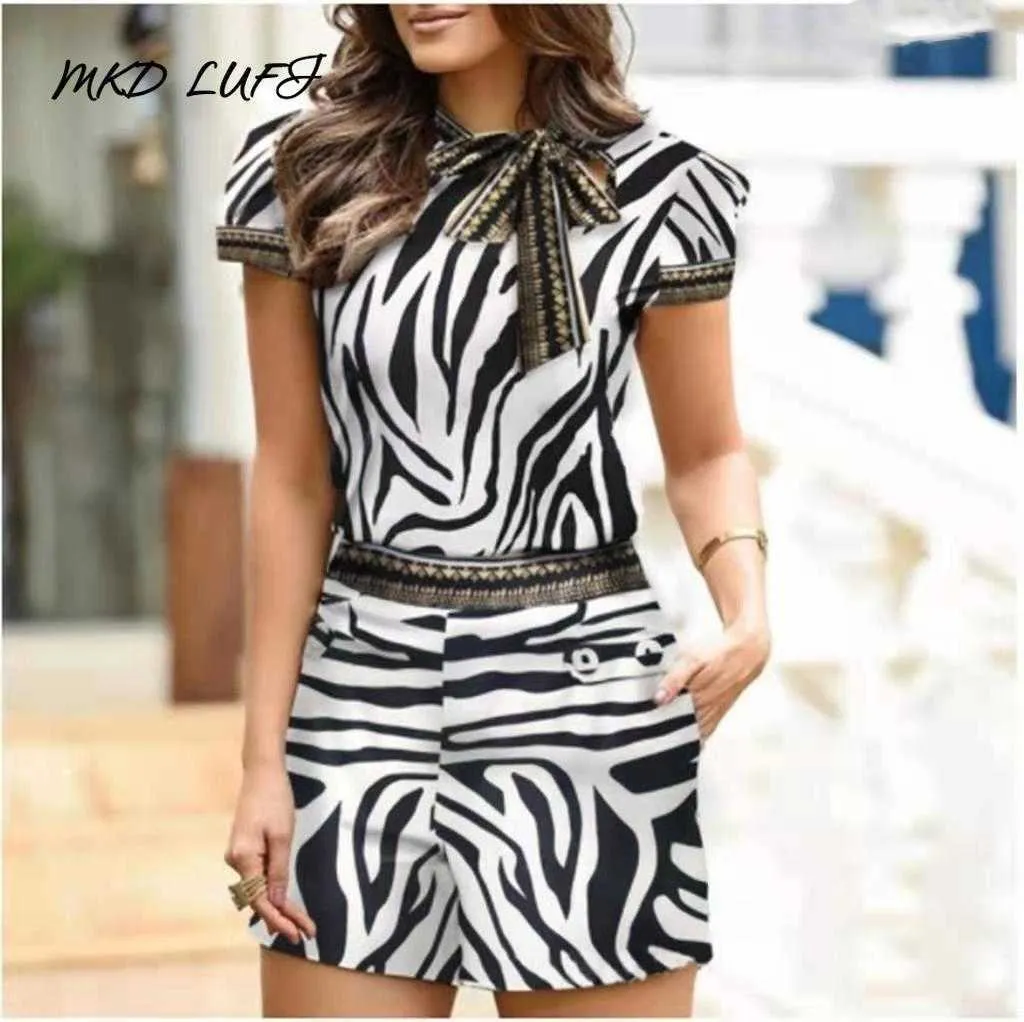 İki Parça Elbise Zebra Desenli Kurdele Üstü Cep Tasarım Şort Takım T230113