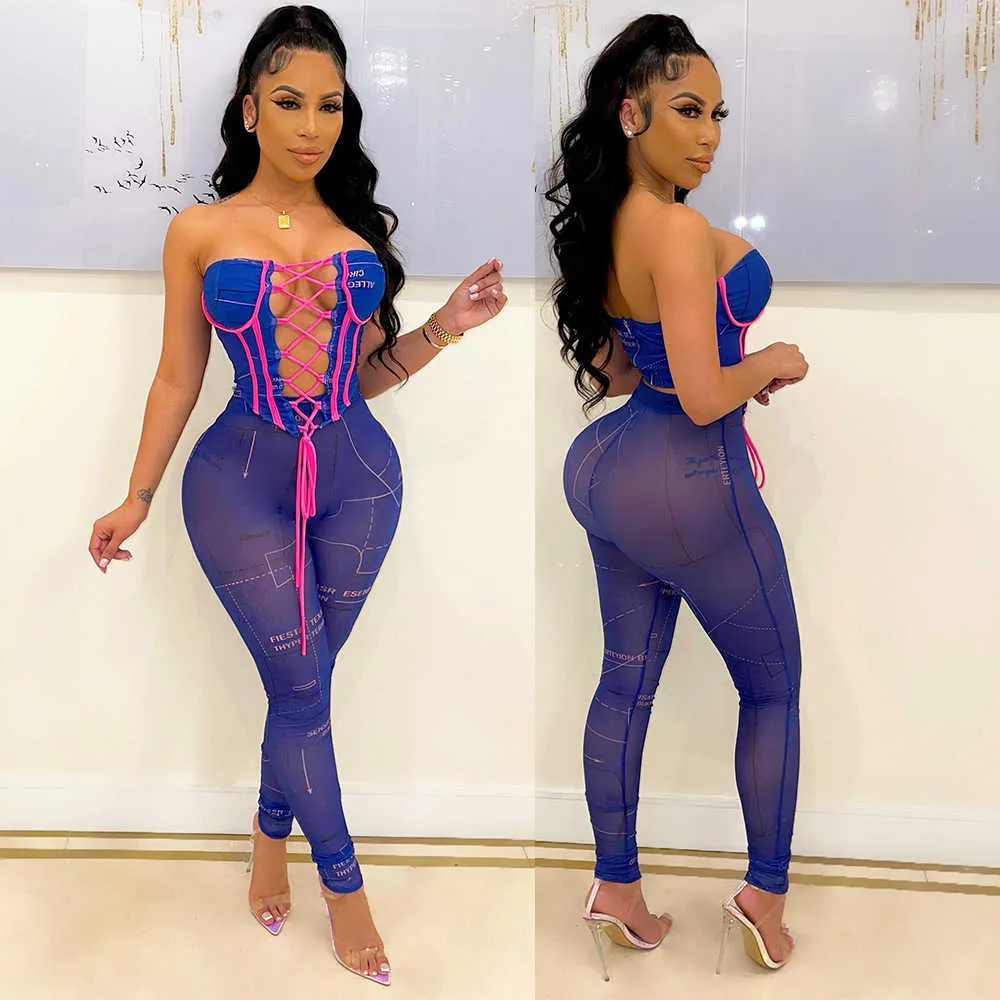 Abito a due pezzi Echoine Sheer Mesh Sexy See Through Crop Top senza spalline Lace Up Bandage Top e leggings Set due pezzi Streetwear Abiti T230113