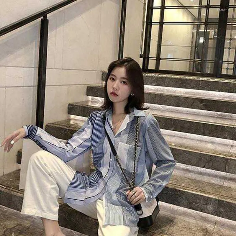 Chemisiers pour femmes 2023 Spring Street Style Oversize Women Striped Tunic Shirt Turn-Down Collar Button Up Long Sleeve Ladies Shirts Femme Tops