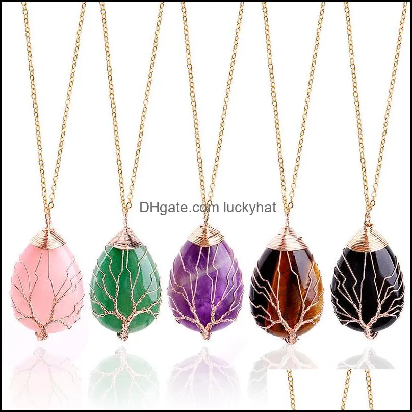 Pendentif Colliers Mode Arbre de vie Collier Pierre Naturelle Couleur Or Fil Wrap Gem Rose Quartz Tiger Eye Vert Drop Livraison Juif Otkr1