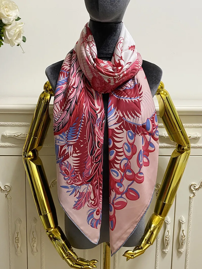 Foulard carré pour femme, 100% soie sergé, motif lettres pinte, motif phénix, taille 140cm - 140cm