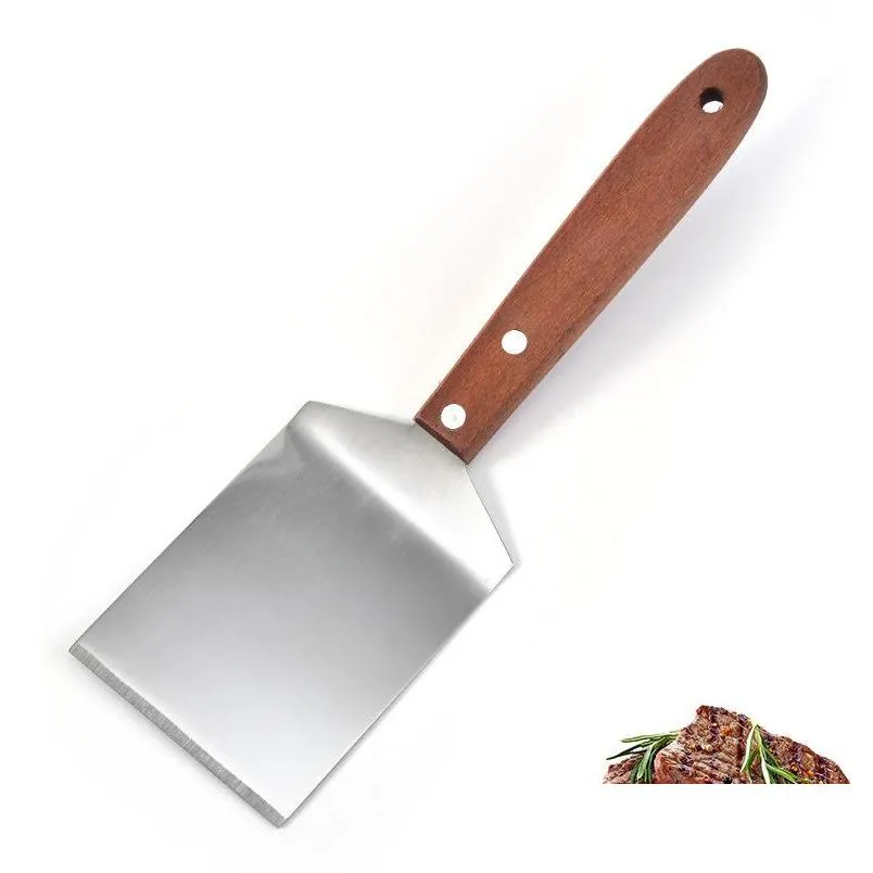 Baking Pastry Tools Stainless Steel Steak Spata Pancake Scraper Turner Grill Beef Fried Pizza Shovel With Wood Handle Kitchen Bbq Dhme7