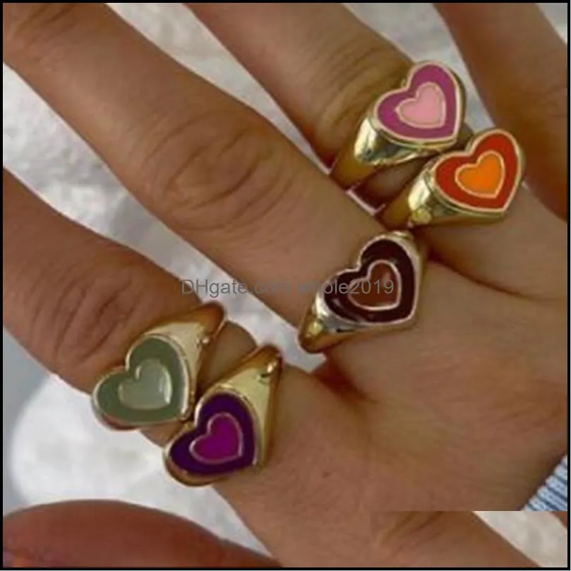 Band Rings Ins Double Layer Love Heart Ring Vintage Drop Oil Metal For Women Girls Fashion Jewelry Delivery Dhk3C