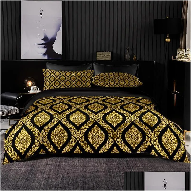 Set di biancheria da letto Noble Style Golden Set Duvet Er King Size con federa Trapunta nera Coperta Lenzuolo nero Drop Delivery Home G Dhbev