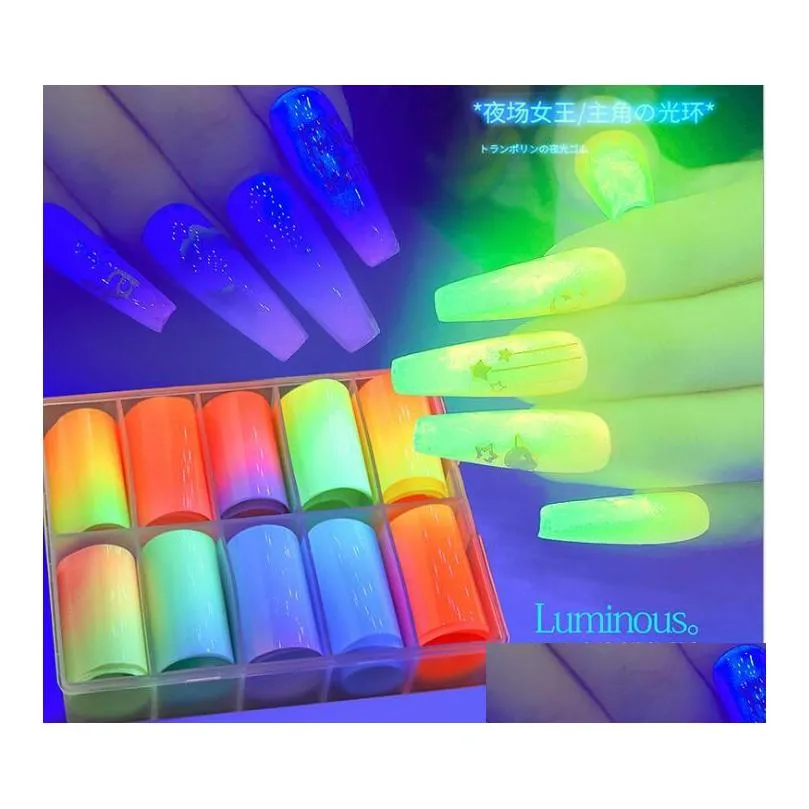 Autocollants Stickers Fluorescent 10Rolls / Box Décorations Pour Ongles Mélange Lumineux Colorf Transfert Nail Foil Sticker Daylight Effect Drop Dhbdp