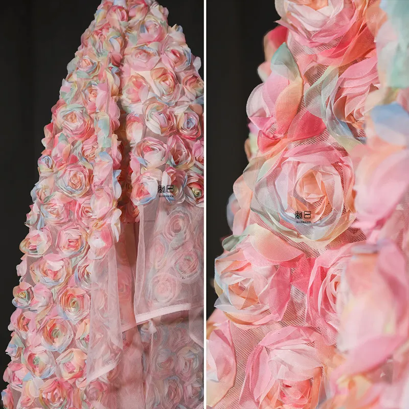 Fabric and Sewing Pink Three dimensional Rose Semi Transparent Yarn DIY Creative Dress Wedding Background Decoration Designer 230113