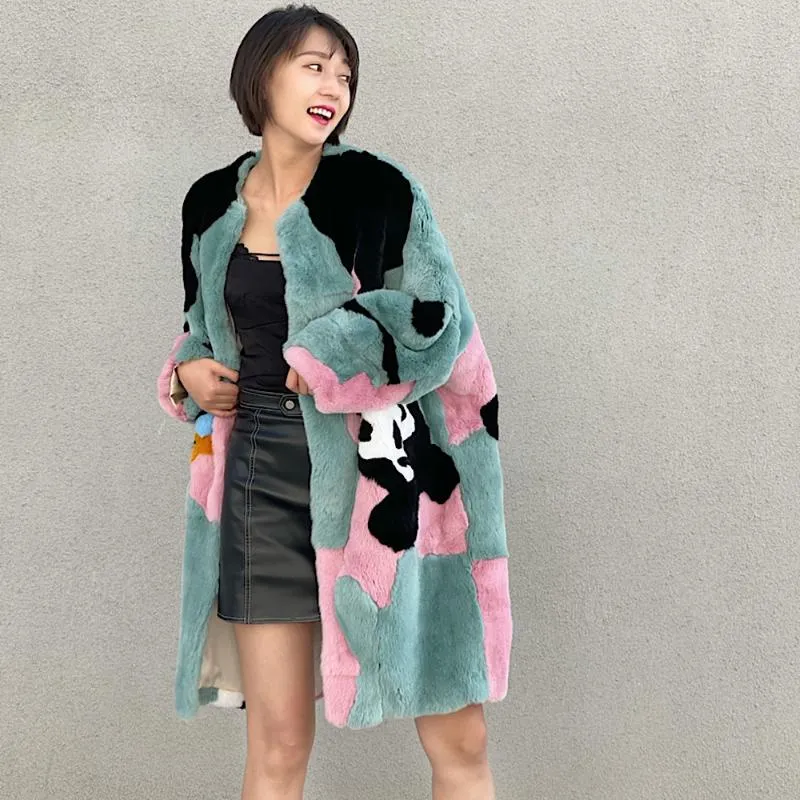 Women's Fur & Faux 2023 Cartoon Women Real Rex Coats With Round Collar Natural Whole Skin Genuine Loose Bat Long Overcoat