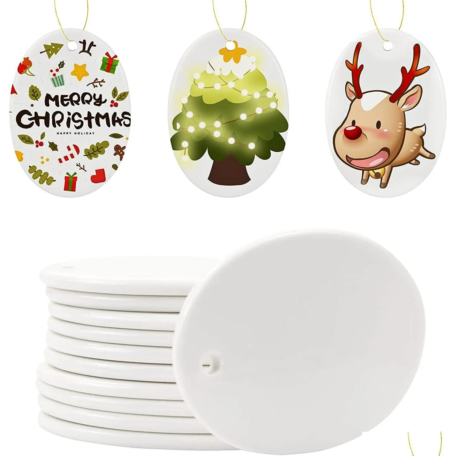 Decoração de festa sublimação em branco ornamento de cerâmica oval de 3,3 polegadas branco com corda de ouro para elaborar a decoração de árvore de Natal DIY Perso dhbu6