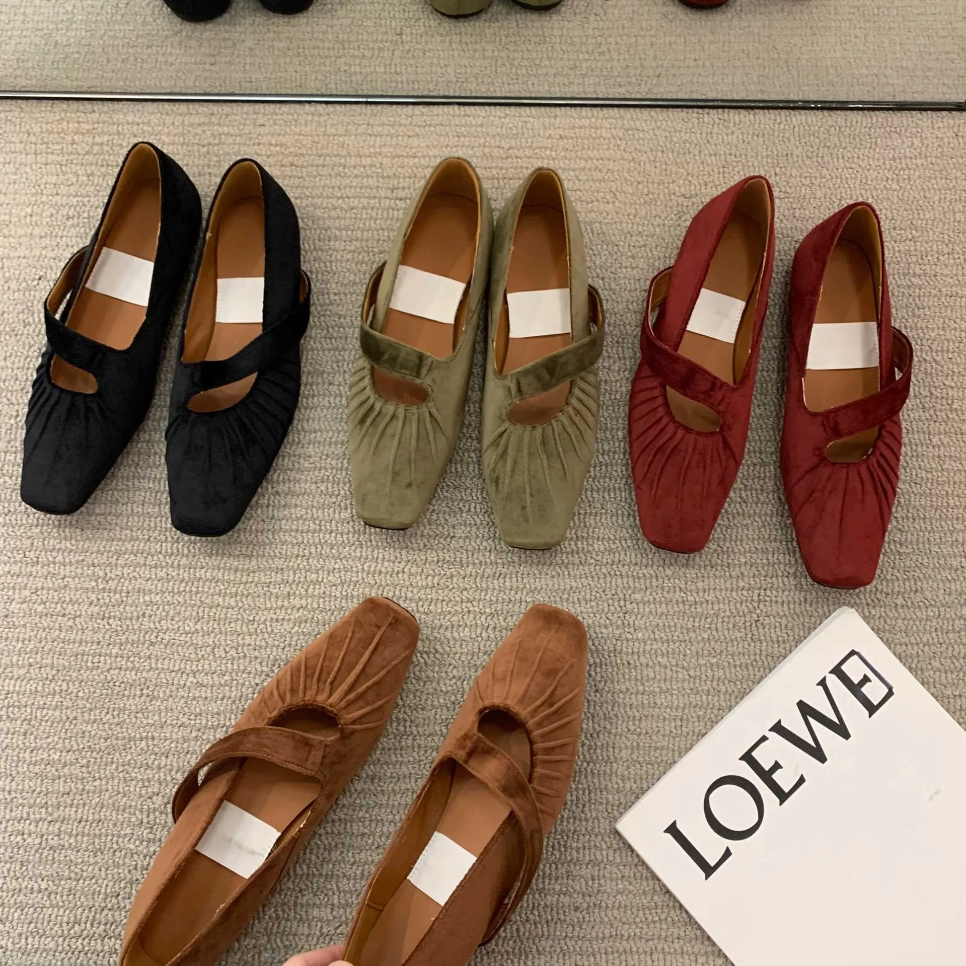 Dress Shoes Square head Mary Jane pleated suede single shoes female minority temperament flat bottom shallow mouth bean shoes autumn