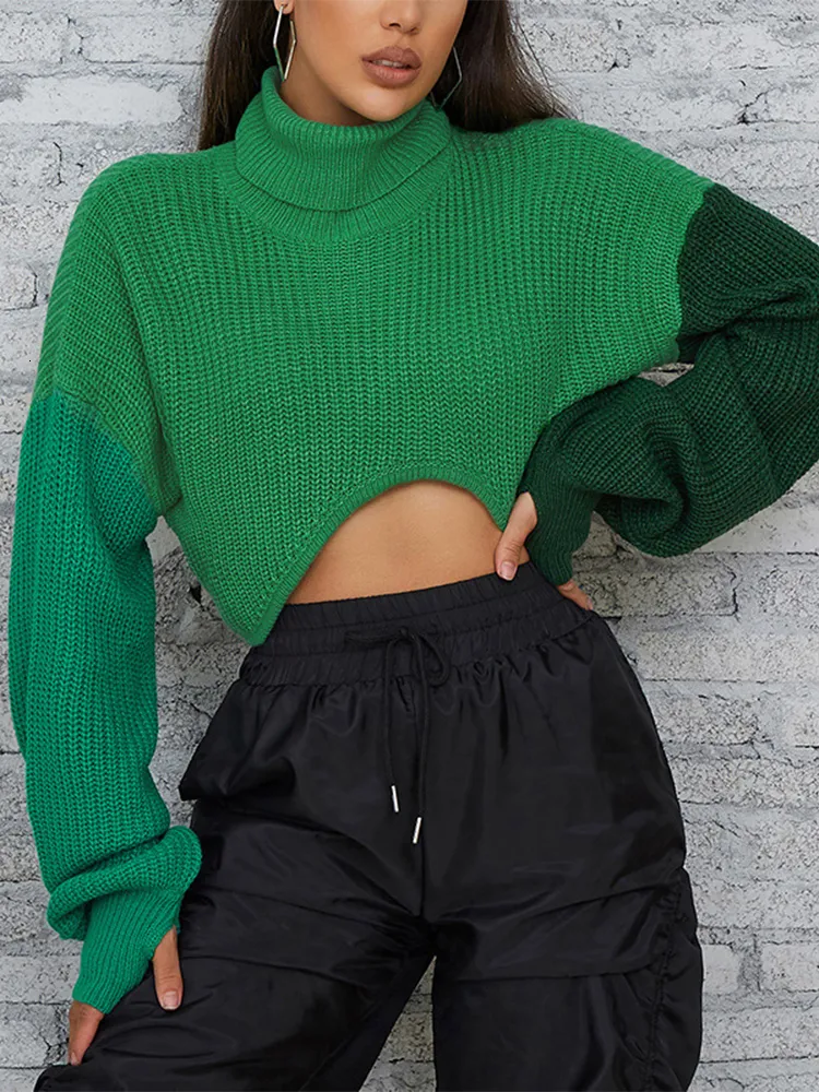 Camisolas femininas Turtleneck de malha de malha de malha Hole de colorblock colorblock de retalhos de retalhos de lanterna de lanterna solta solto solto 230113