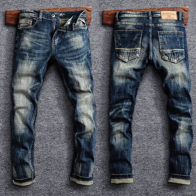 Erkek Kot İtalyan Tarzı Moda Retro Siyah Mavi Elastik İnce Uygun Yırtık Pantolonlar Vintage Tasarımcı Günlük Denim Pantolon 230113