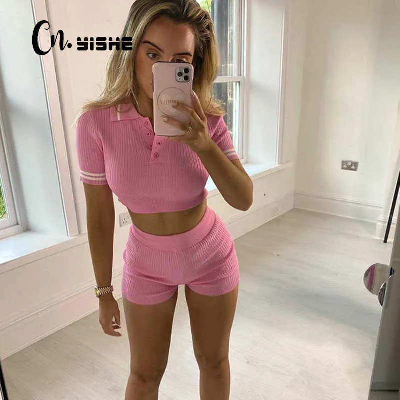 Robe en deux pièces Cnyishe Streetwear Sweet Two Piece Set Femmes SetS Suit Fashion Crop Top à manches Crops Biker Shorts 2 pièces Femmes T230113