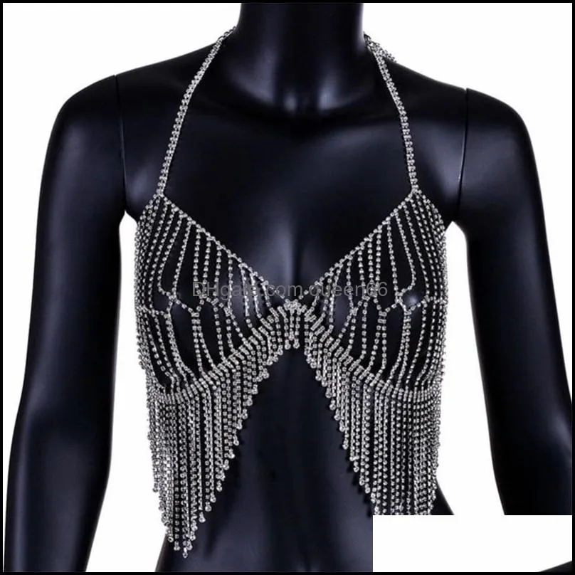 Belly Chains Sexy Women Nightclub Bling Rhinestones Party Body Chain Jewelry Bikini midja Gold Beach Harness Slave Necklace Bra Cami Dhkuh