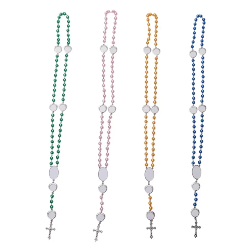 4 färger sublimering halsband värmeöverföring hänge rosenkrans pärlhalsband korsa Jesus metallhängare FY5342 SS0113