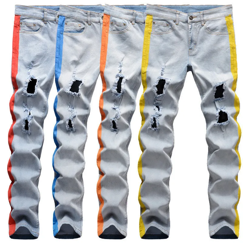Men's Jeans European American High Street Light Blue Stretch Hole HandPainted Stripe Trim Fashion Casual Pants Hip Hop Clothing 230113