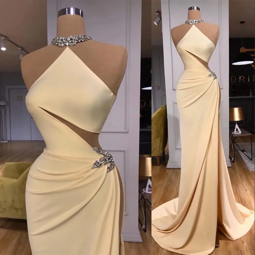 2023 Light Yellow Mermaid Rhinestone Prom Dress With Halter Neck