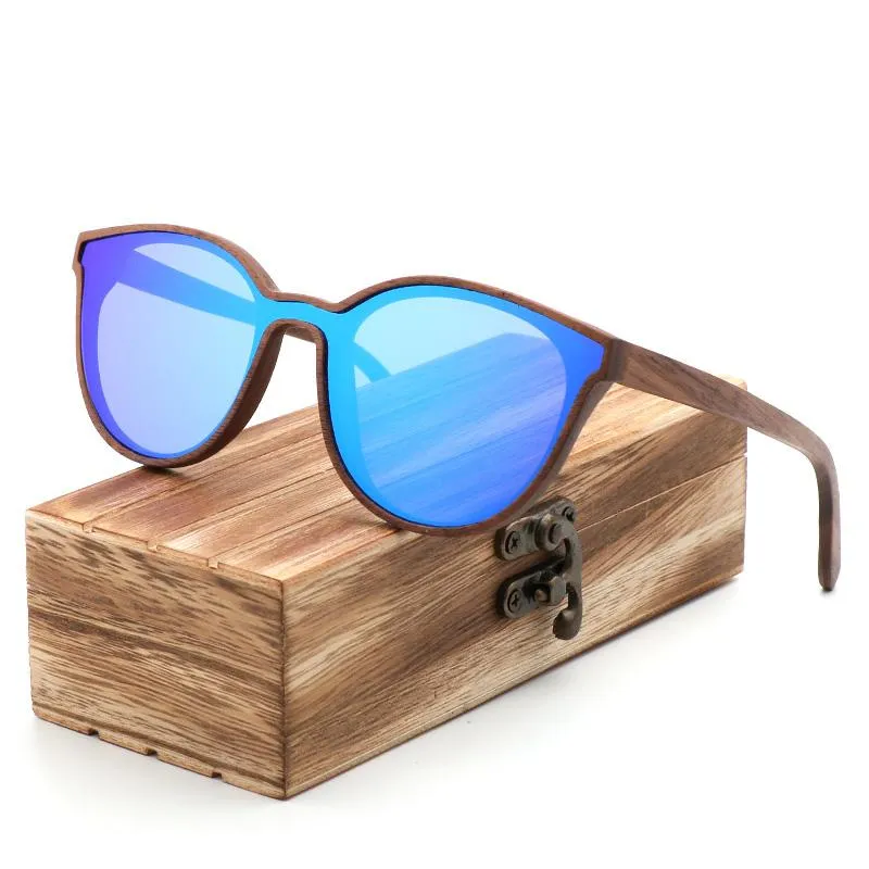 Sonnenbrille 2023 Mode Polarisierte Holz Damen Katzenauge Vollspiegel Luxus Handgemachte Frauen Bambus Holz Sonnenbrille mit Box