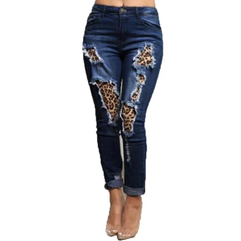 Женские джинсы весенняя осенние женщины черные разорванные модные леопардовые лоскутные лоскутные камеры с высокой талией. Женщины повседневные узкие бедные брюки карандаша