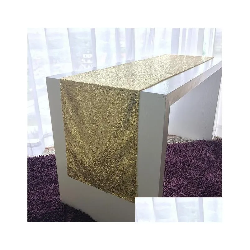 Runner de mesa 20pcs 30cmx275cm Banqueto de ouro para festas de casamento de lantejoulas Decoração de Natal Droga Droga Home Jardim Têxteis Coloques DHHSE