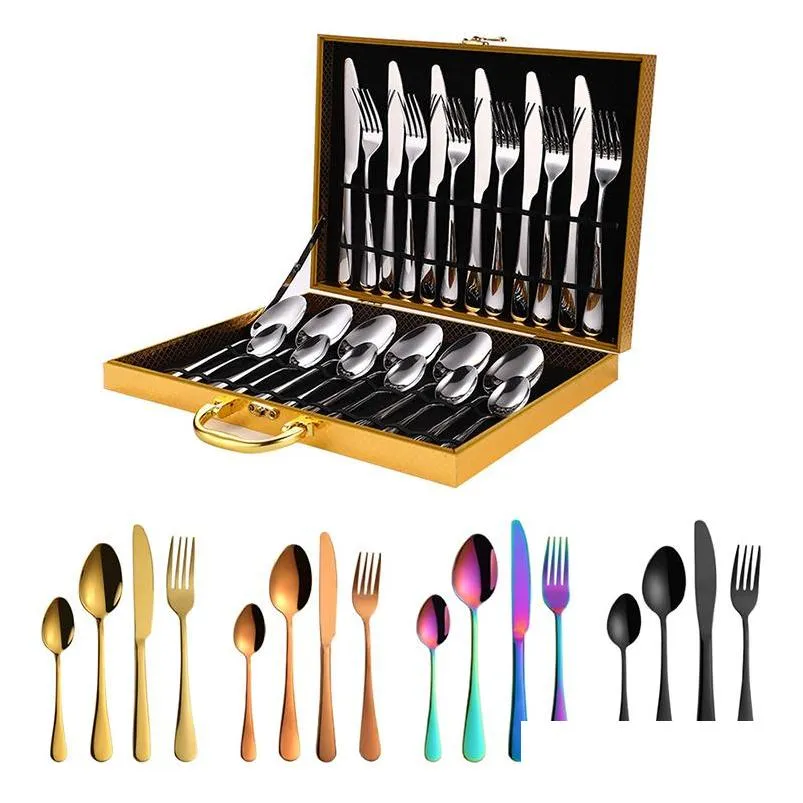 Dinnerware Sets Stainless Steel Tableware Household Western Cutlery Knife Fork Spoon Wooden Gift Box Set Kitchen 24Pcs Creative Gift Dhli5