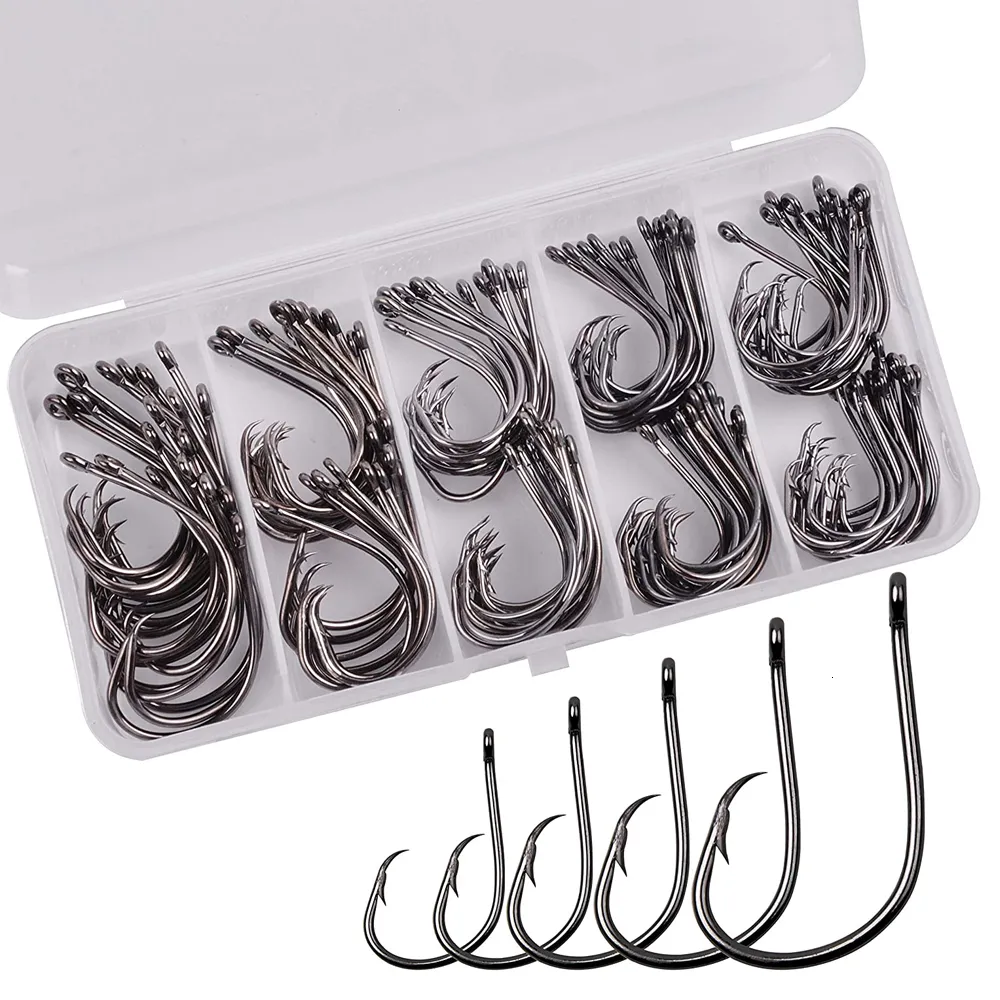 Ganchos de pesca 120pcs kit de água salgada círculo de octopus lure olho reto farpado de alto carbono fishhooks 230113