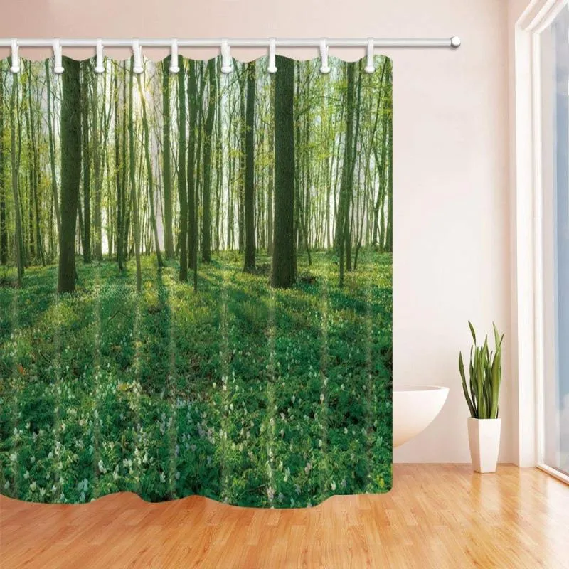 Rideaux de douche arbre en bois avec herbe dans la forêt rideau de bain tissu polyester crochets imperméables vert