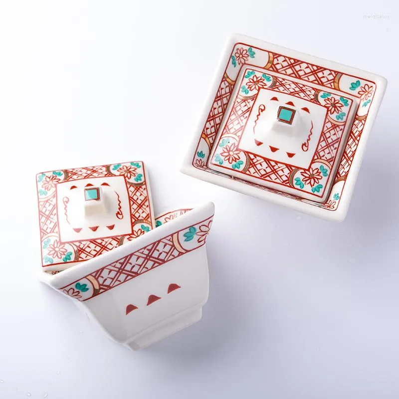 Schüsseln, quadratische Delikatessenschale aus japanischem Porzellan mit Deckel, Gewürzschüssel, Retro-Dim-Sum-Box, Suppentasse, handbemalter Eintopf