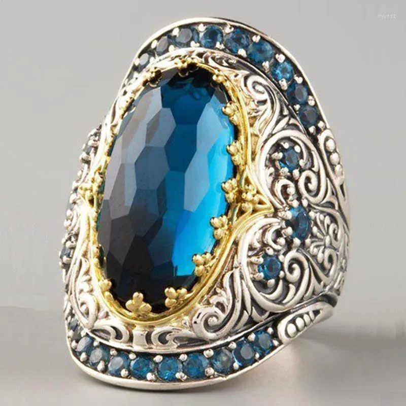 Trouwringen Ethnic Style ToW Tone Patroon Crystal voor vrouwen Schijnen blauw CZ Stone Inleg retro Fashion Jewelry Party Gift