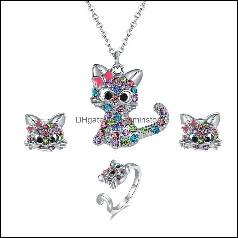 Earrings Necklace Cute Cartoon Cat Ring Set Spot Color Kitten Childrens Animal Jewelry Sets Drop Delivery Othfe